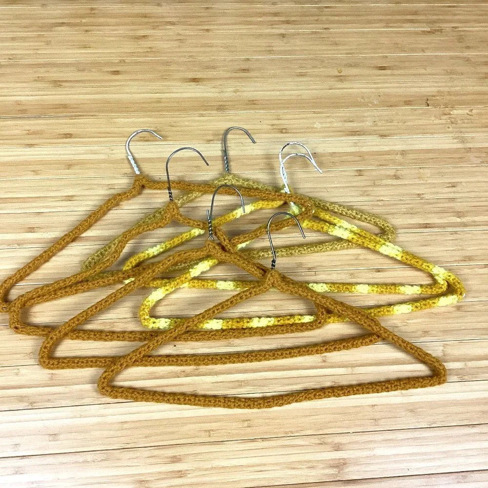 Vintage 1970s Set of 7 Crocheted Wire Hangers Mustard Yellow